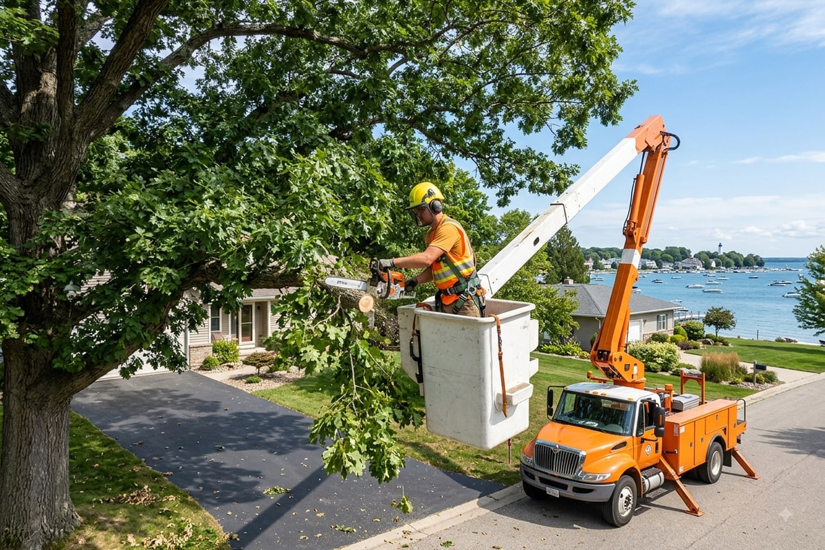 Canopy raising pruning work over a driveway in Elk Rapids, MI