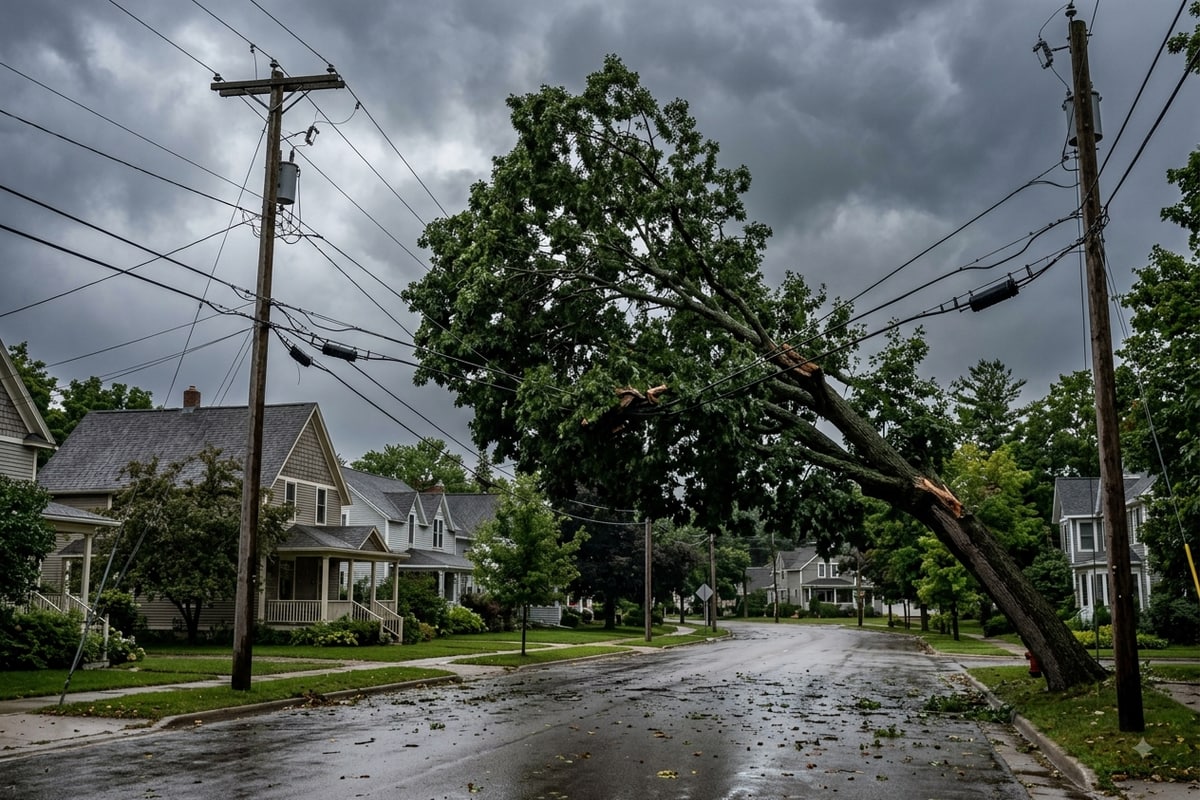 Tree resting on a power line after a storm in Petoskey