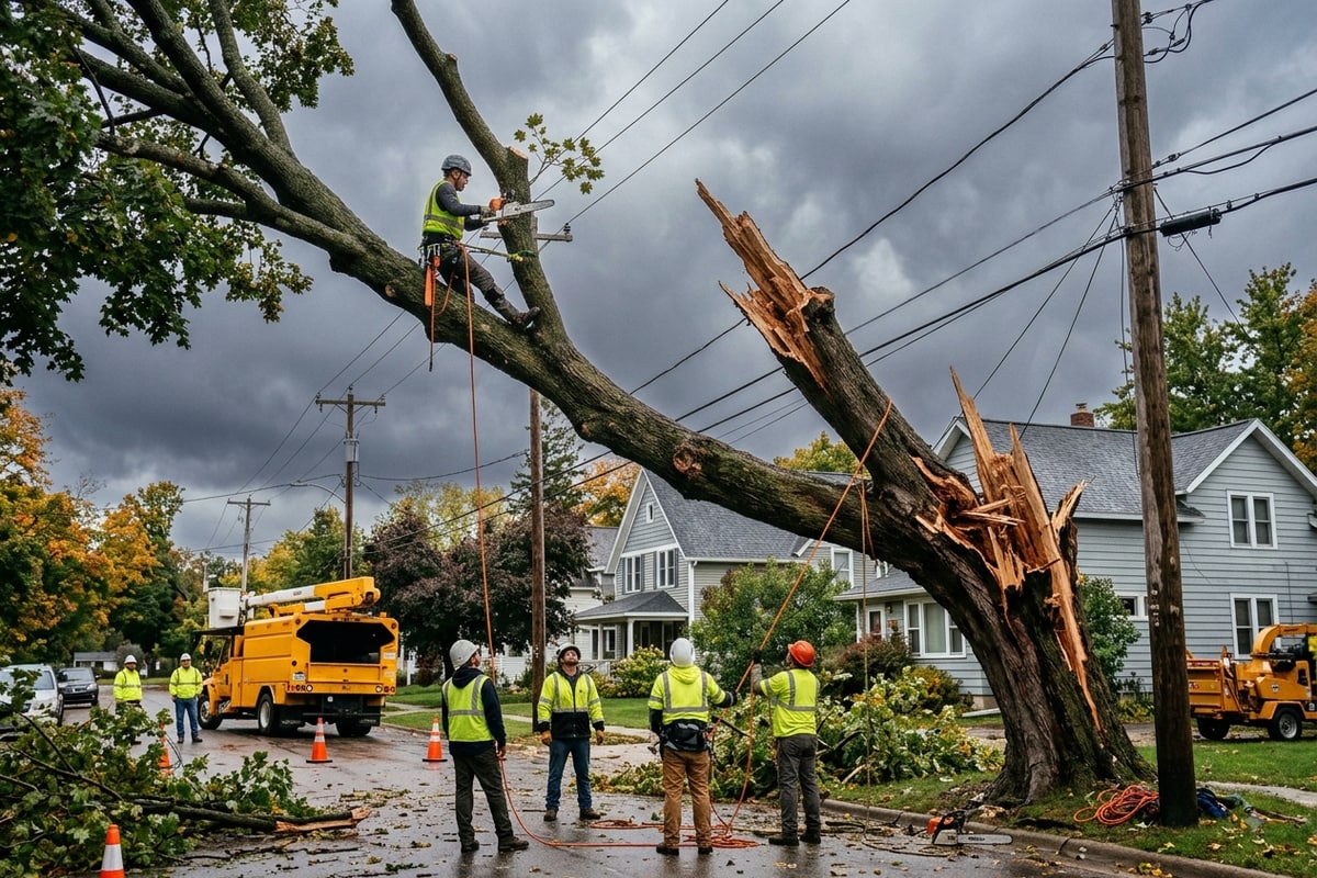 Storm-damaged tree removed from near a power line in Petoskey, MI