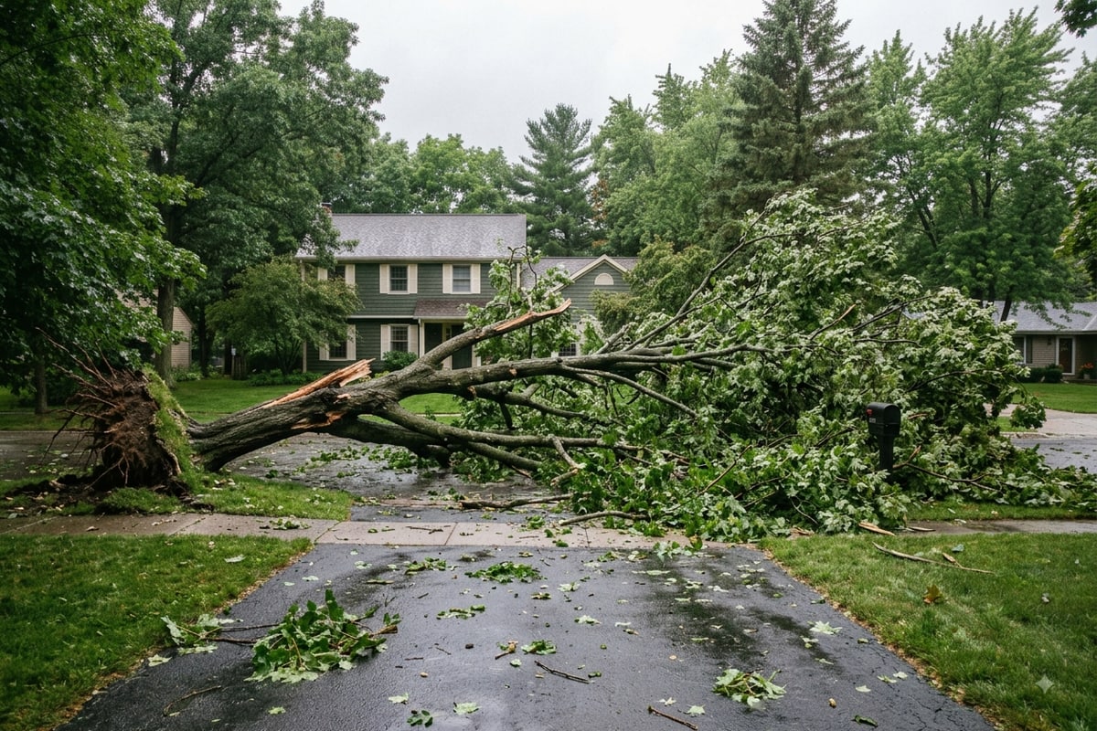 Fallen maple tree blocking a driveway after a storm in Traverse City