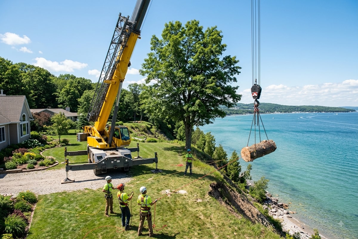 Crane-assisted large tree removal on a bluff-top property in Petoskey, MI