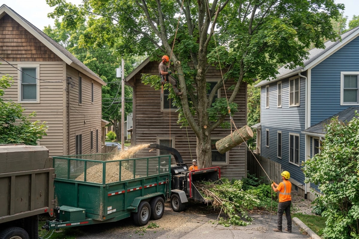 Crew performing a technical rigged tree removal near a house in Traverse City, MI